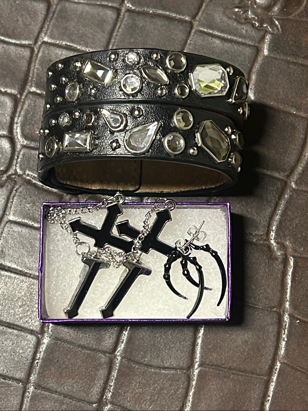 Black Leather Wrap Bracelet with Clear Gem Accents and earrings